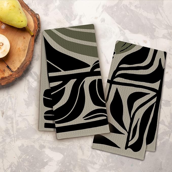 Abstract Boho Sage Green Floral Kitchen Towels, Retro Groovy 70s Boho Dish Towels for Kitchen, Mid Century Modern Green & Black Decorative Hand Towels for Bathroom, 16x24 Inch Set of 2