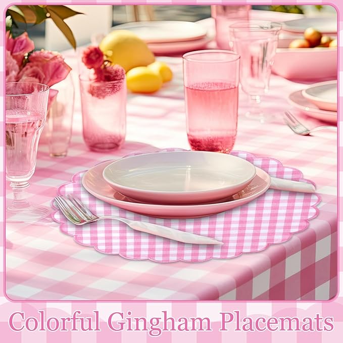 Set of 6 Round Placemats 15 Inch Cotton Scalloped Embroidery Placemat Washable Double Layered Rustic Dinner Table Mat Decor Fabric for Hotel Restaurant Kitchen(Pink,Plaid)