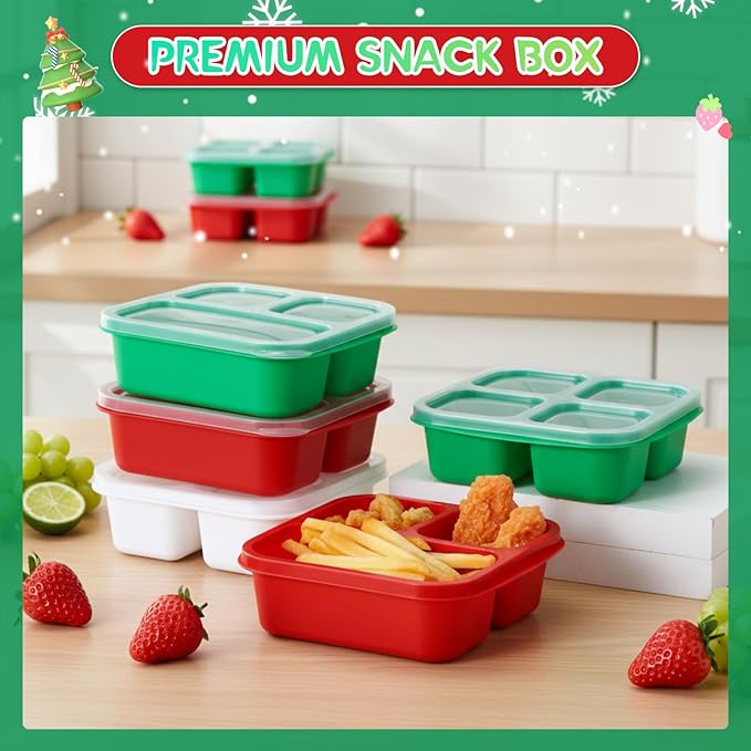 Honeydak 5 Pack Snack Containers 3 Compartment Bento Snack Boxes Divided Meal Prep Containers with Lids Reusable Adults Lunch Food Storage Box for School Work Travel(Christmas Color)