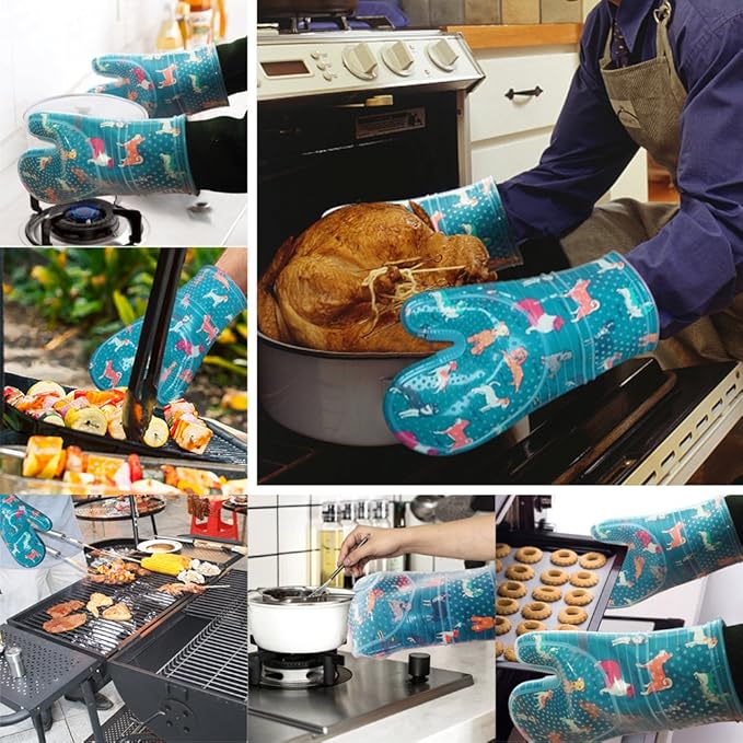Oven Mitts Set of 2 with Transparent Clear Silicone Shell and Nice Dog Printing Cotton Lining, Heat Resistant to 500 F Kitchen Oven Gloves Pot Holder for Cooking (Blue)