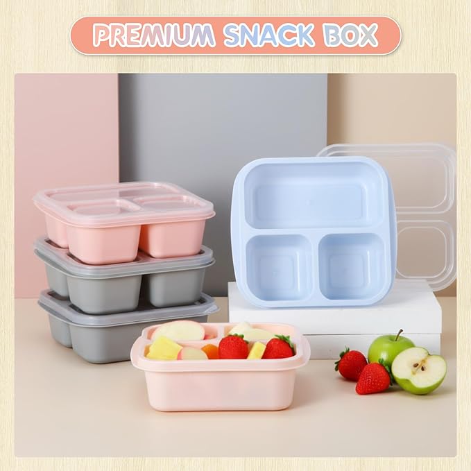 Honeydak 5 Pack Snack Containers 3 Compartment Bento Snack Boxes Divided Meal Prep Containers with Lids Reusable Adults Lunch Food Storage Box for School Work Travel(Morandi Color)