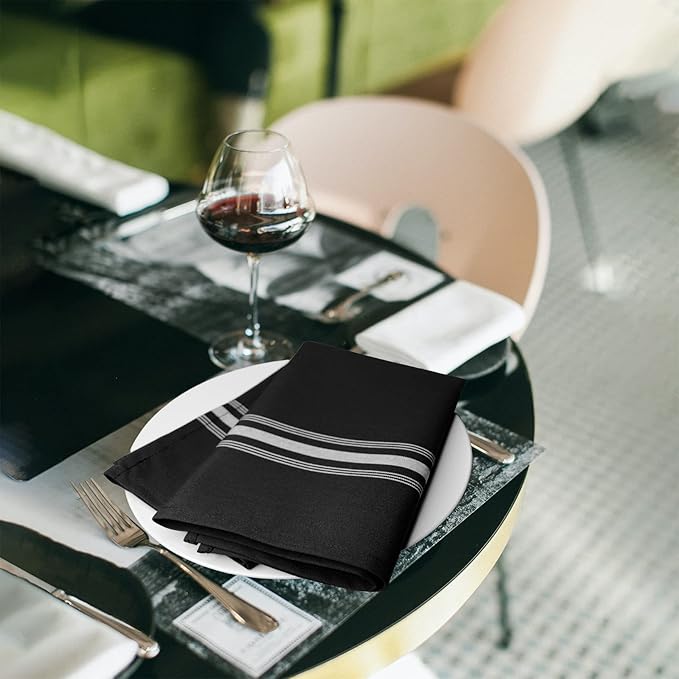 Cloth Napkins, 12 Pack - Commercial Quality 18 x 22 Inches, MJS Linen, Striped, Black White, Solution Dyed, Soil Release, Restaurant, Hotel, Wedding, Party