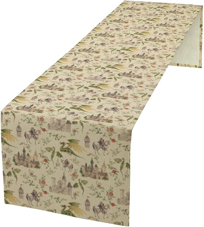 Dragon Table Runner, Mid Century Magical Castle Knights Beige Art Printed Runner for Home Kitchen Dining Table Living Room Decor Fabric 1 Panel W13xL90in