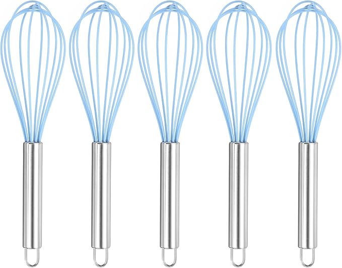 HARFINGTON 5Pcs Silicone Whisk 10" Kitchen Whisk Wire Whisks Beater with Stainless Steel Handle for Egg Milk Whisking Blending Beating & Stirring, Blue