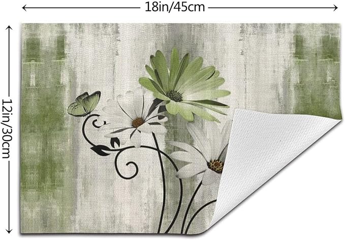 Floral Place mats Set of 4, 12x18 Inches Rustic Sage Green Daisy Flower Decorative Placemats Rectangle Floral Linen Table Mats for Party Home Kitchen,Dining Table Decoration