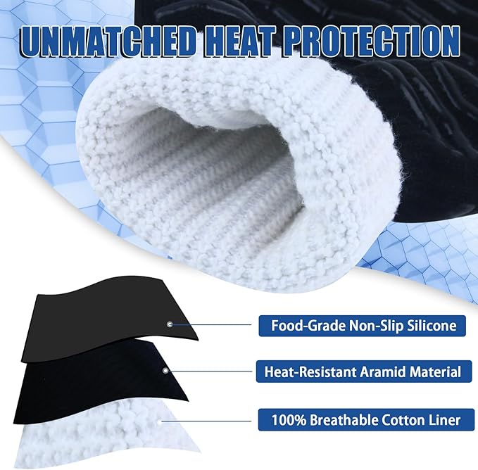 Grill Gloves, BBQ Gloves 1472°F Heat Resistant Fireproof Gloves, Kitchen Non-Slip Silicone Oven Mitt, Safe Hot Protection Extra Long Gloves for Grilling Cooking Barbecue Outdoor Camping Smoker