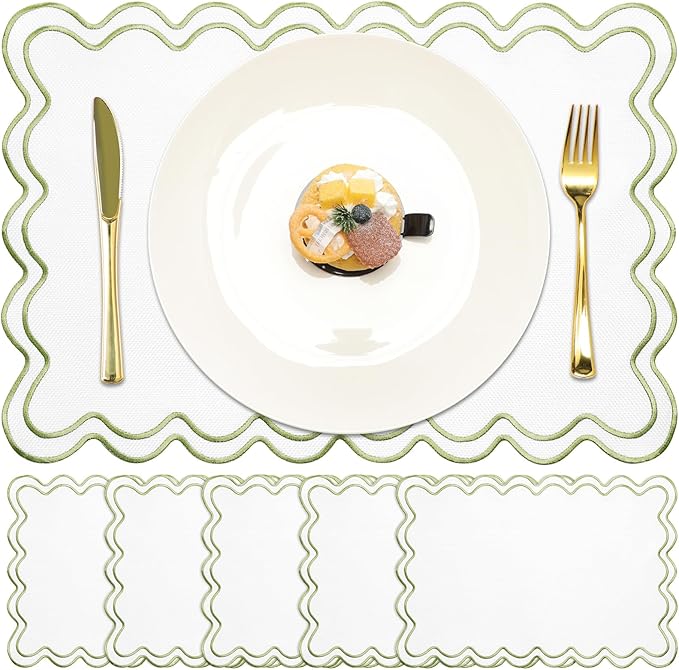 HunnmingRe Set of 6 Cotton Linen Placemats, 13x19 Inch Scalloped Wavy Embroidery Placemat Double Layered Washable Rustic Rectangle Dinner Table Mats for Wedding Home Decor(White with Green)