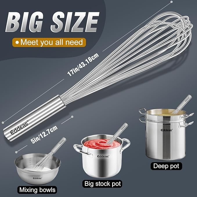 Eddeas 17in Large Whisk,Heavy Duty whisk, Stainless Steel whisk Suitable for Mixing Thick batter, Dry Ingredients and Seasonings.Accessories for professional commercial kitchens.