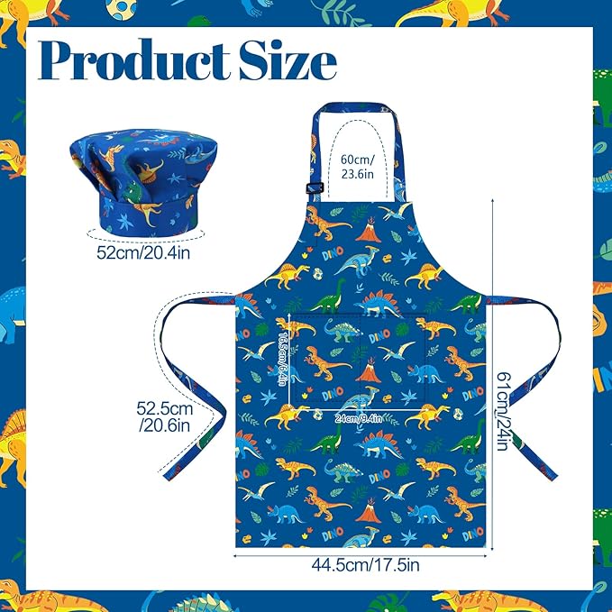 2 Pack Kids Apron and Chef Hat Adjustable Kitchen Cooking Aprons with Pockets for Girls Boys Baking Painting