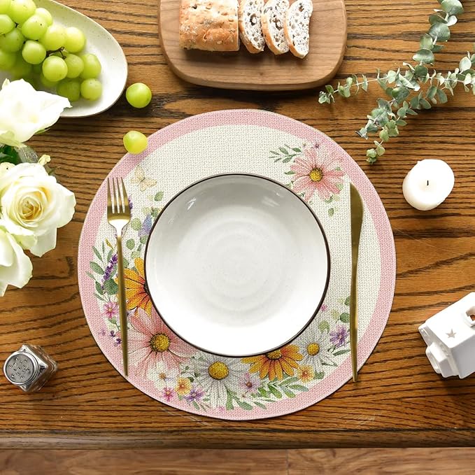 Artoid Mode Pink Sunflowers Butterfly Round Spring Placemats Set of 4, 14 Inch Summer Round Table Mats for Dining Decoration