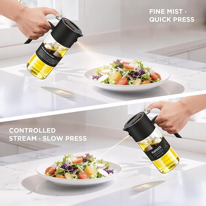 PLAPITATE 2Pcs 17oz Premium Olive Oil Sprayer for Cooking, 2 in 1 Glass Olive Oil Dispenser Bottle for Kitchen Gadgets, Spray Bottle with Portion Control for Salad, Frying, BBQ (Black & White)
