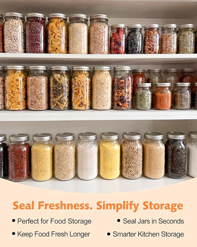 Electric Mason Jar Vacuum Sealer, [2026 Upgraded] One-Piece Handheld Vacuum Sealer Kit for Wide & Regular Mouth Jars, Portable Cordless Sealer for Food Storage, Homesteading & Meal Prep