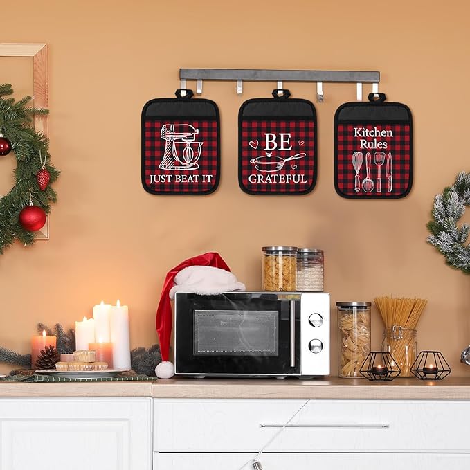 Bencailor 8 Pcs Red Buffalo Plaid Pot Holders with Pocket Red Heart Sign Potholder Heat Resistant Hot Pads Oven Mitt for Kitchen Home Anniversary Decorations Baking Cooking Gift