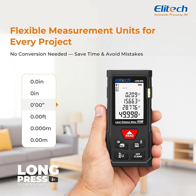 Elitech Laser Measure 165ft, Digital Laser Tape Measure for Home Decor & DIY, Handheld Distance Meter with Bubble Level, 99 Data Memory - Easier Than Metal Tape (Battery & Hand Strap Included)