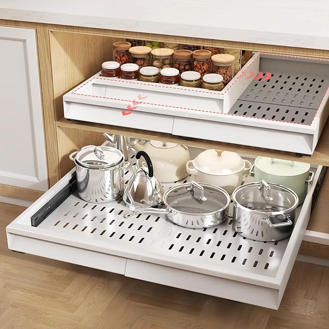 Seinloes 2 Pack Pull Out Cabinet Organizer With Raising Pad for Framed Cabinets,Expandable Width (15"-25") and Depth (17"-24"),3 Slide Rails Slide Out Drawers with Handle,No-Drill Roll Out Shelf,White