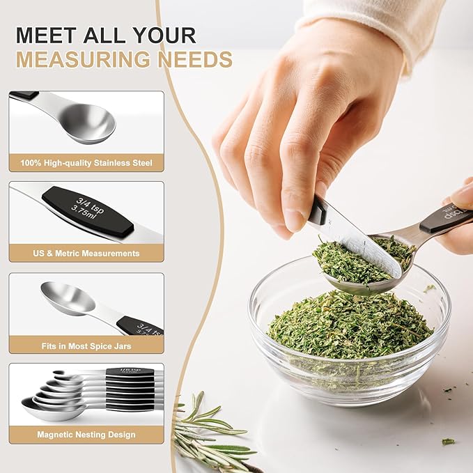 Stainless Steel Measuring Cups & Spoons Set, EWFEN Kitchen Tools Nesting Measuring Cups and Spoons, Fits in Spice Jars for Baking & Cooking, BPA Free, Set of 15 with Leveler, Black