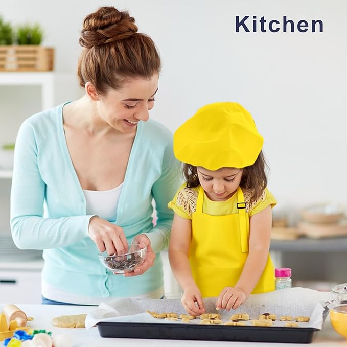 Kids Apron and Chef Hat Set, 24 Pieces Boys Girls Kids Apron with 2 Pockets Adjustable for Cooking Classroom Baking Painting, 6-13 Years, Bright Color