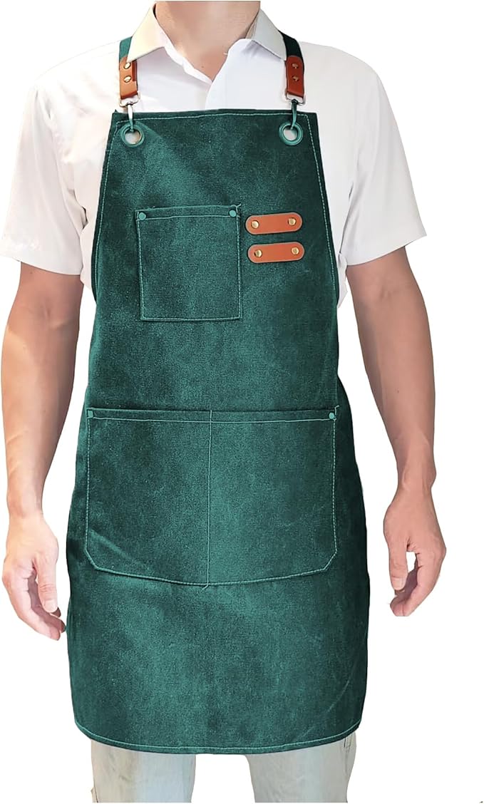Chef Apron with Large Pockets for Women Men, Cotton Canvas Cross Back Water Repellent Adjustable Work Apron