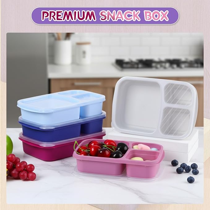 Honeydak 5 Pack Snack Containers 3 Compartment Bento Snack Boxes Divided Meal Prep Containers with Lids Reusable Adults Lunch Food Storage Box for School Work Travel(Blue White Purple)