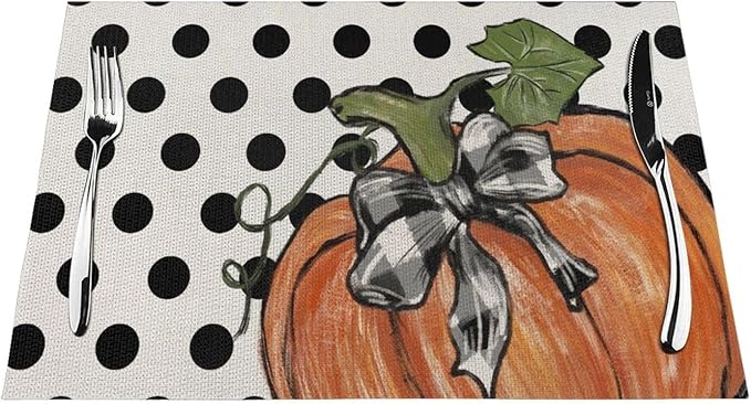 Fall Placemats Set of 4, 12x18 Inches Polka Dot Orange Pumpkin Decorative Linen Rectangle Autumn Thanksgiving Decor Pumpkin Table Mats for Party Home Kitchen Dining Table Decoration