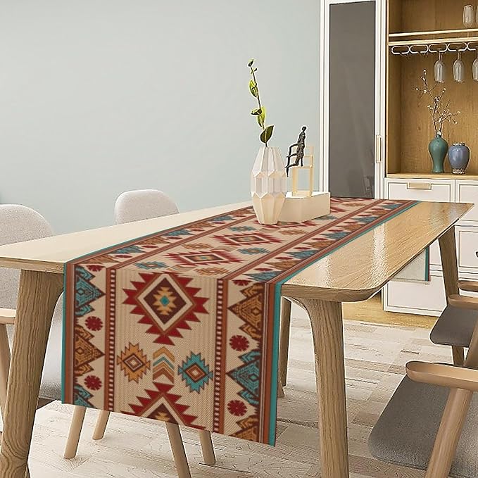 Retro Aztec Table Runner Western Native American Tribal Art Printed Runner for Home Kitchen Dining Table Living Room Decor Fabric 1 Panel W13xL108in