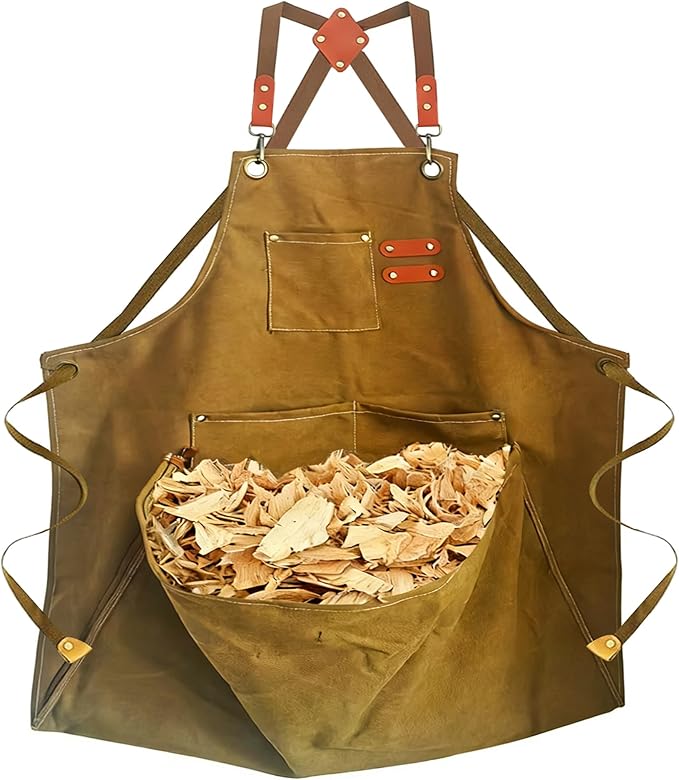 DAFENCHI Wood Carving Apron with Chip Catcher, Canvas Whittling Apron, Woodworking Apron with Large Pouch for Catching Wood Chips, Adjustable Straps, for Woodworkers, Gift for Men