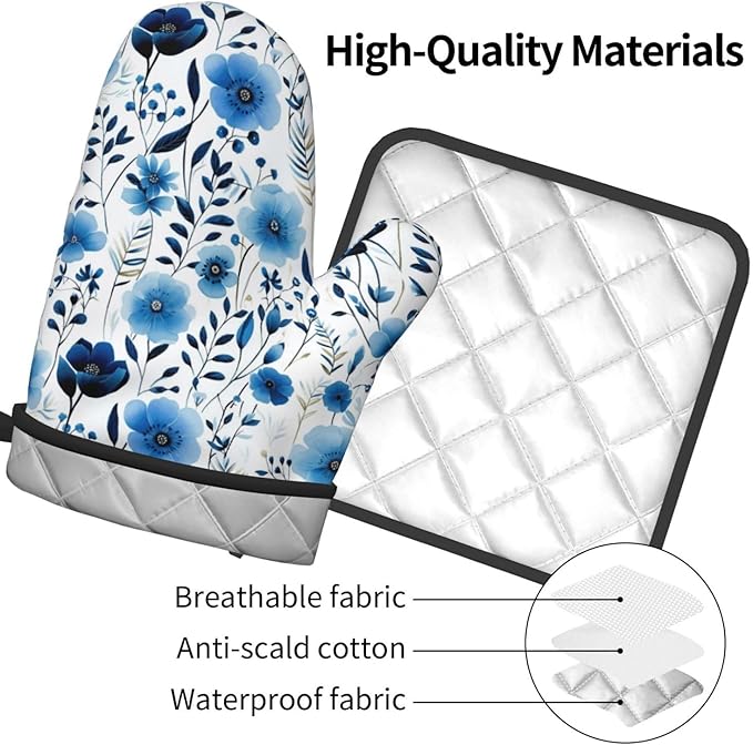 Blue Floral Oven Mitts and Pot Holders Sets of 3, Heat Resistant Cute Decorative Blue Flowers Kitchen Gloves and Hot Pad for Home Cooking Baking Grilling, Baking Gifts for Women, Holiday Kitchen Decor
