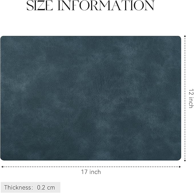MOSAYT Vinyl Placemats Set of 6-12 X 17 Inch - Faux Leather 100% Waterproof Oil-Proof Wipeable PU Place Mats, Heat Resistant Reversible Table Mats for Kitchen, Dining, Outdoor (Navy Blue)