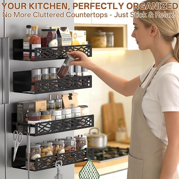 DTUQYX 4 Pack Magnetic Spice Rack for Refrigerator, Heavy Duty Metal Magnetic Fridge Spice Rack Organizer with 4 Hooks, No Drilling Rustproof Spice Storage for Kitchen Organization,11LB Load Capacity