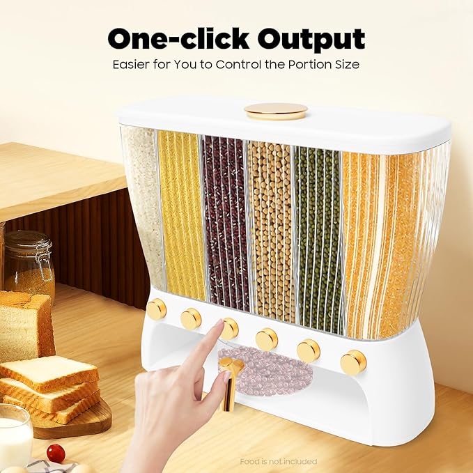 6 Grids Dry Food Dispenser Storage Containers w/Rice Hopper, Rice & Cereal Dispenser for Kitchen Pantry Organization, Storage Bucket for Small Grains, Beans