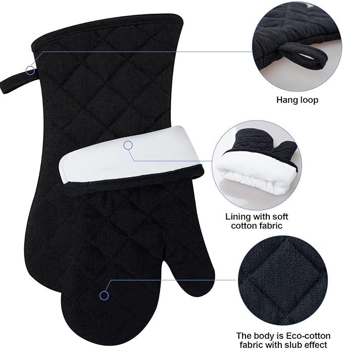 Oven Mitts and Pot Holders with Cooking Apron Set of 5, Heat Resistant Kitchen Gloves and Silicone Non-Slip Potholders, Adjustable Neck Buckle Chef Apron, Cotton Nice Design for Cooking (Black)…