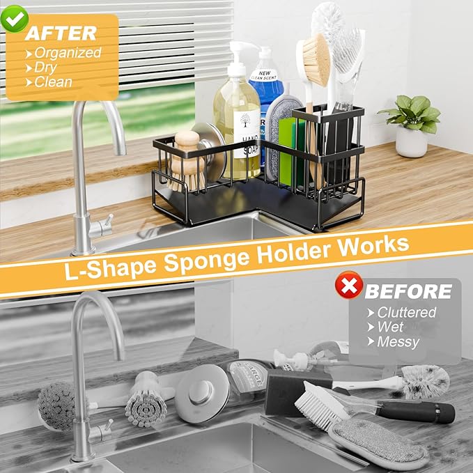 TEAMOLA L-Shaped Kitchen Sponge Holder, Extra Large Sponge Caddy for Sink, Black Sponge Caddy for Kitchen with Brush Holder, Metal Kitchen Countertop Organizer Essentials for Sink Sponge Caddy