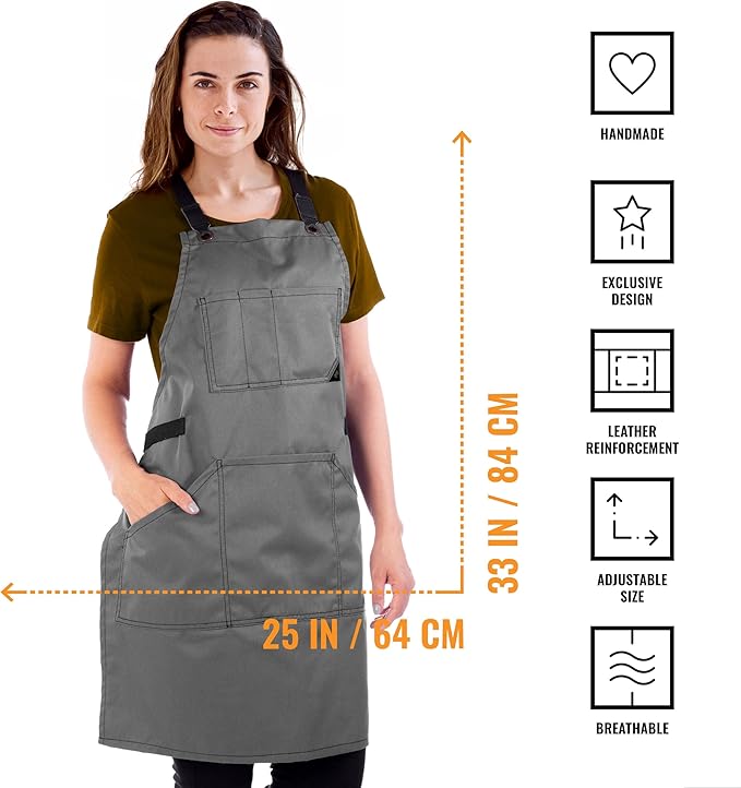Under NY Sky Essential Armor Gray Apron – Cross-Back with Durable Twill and Leather Reinforcement – Adjustable for Men and Women – Pro Chef, Tattoo Artist, Baker, Barista, Bartender, Server Aprons