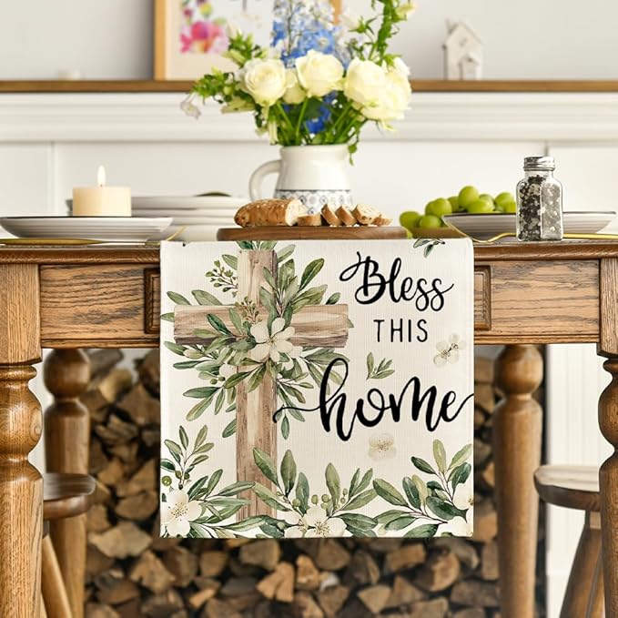 Artoid Mode Cross Olive Leaves Spring Table Runner,Seasonal Summer Easter Kitchen Dining Table Decoration for Home Party Decor 13x90 Inch