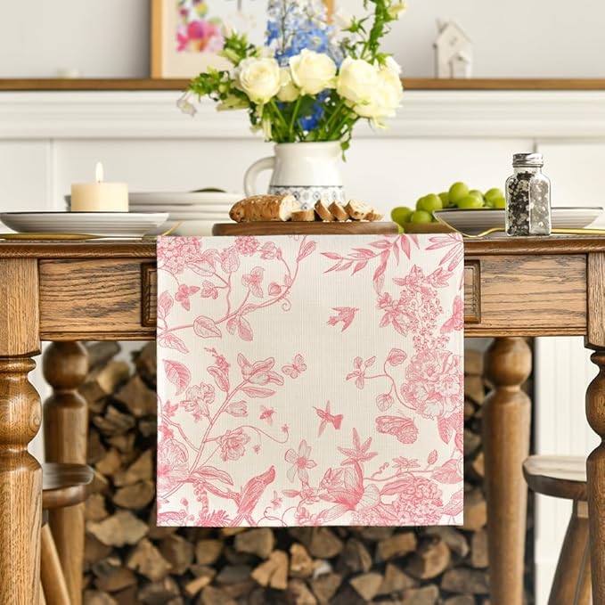 Artoid Mode Pink Monochrome Sketch Birds Flowers Spring Table Runner, Seasonal Summer Kitchen Dining Table Decoration for Home Party Decor 13x72 Inch
