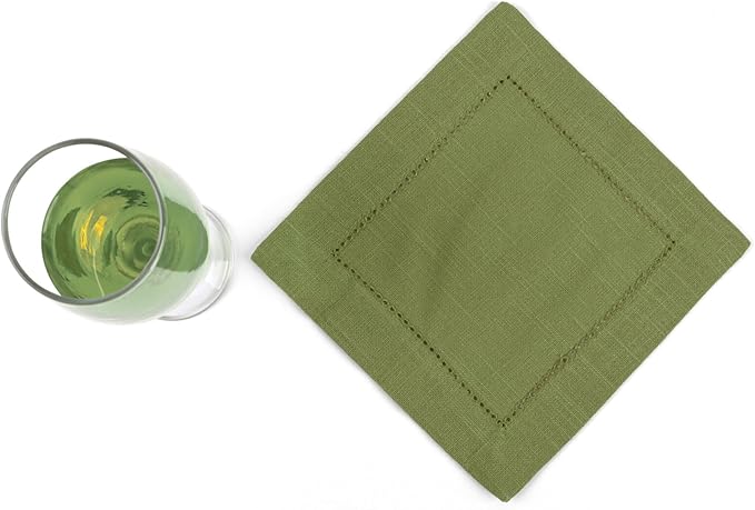 FINGERCRAFT Cocktail Napkins 6 x 6 Inch Premium Quality Cotton, Generous Hemstitch and Mitered Corner Set of 12 Coaster Cloth Olive Green
