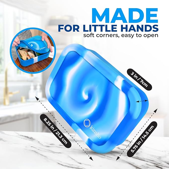 kinsho Silicone Bento Box Lunch Box For Kids Toddlers Teens, Reuseable Eco Snack And Meal Container For School Daycare Or Travel, 5 Cup /40 Oz Large Capacity, Blue