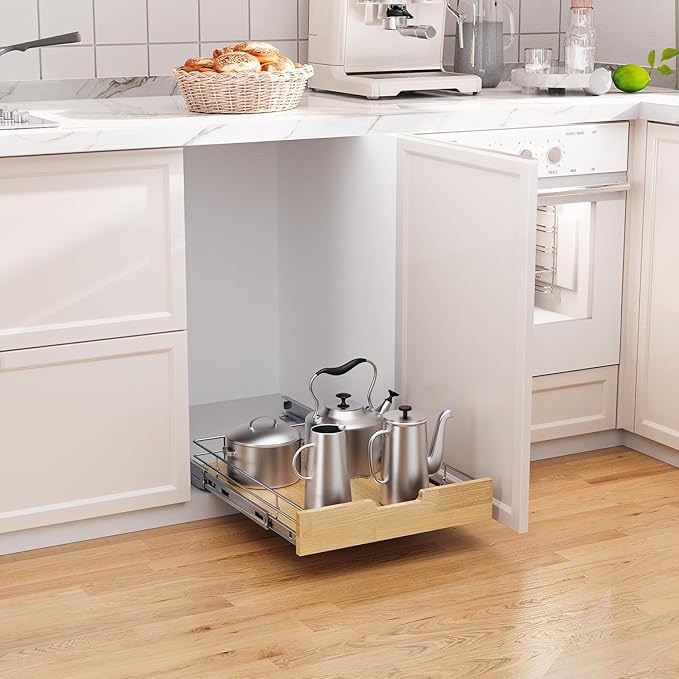 Sikarou Pull Out Cabinet Organizer,Heavy-Duty Slide Out Shelf, Wood And Wire Basket, Pull Out Drawer for for Kitchen Under Sink Space, Pantry, Bathroom (11 * 21 WM)