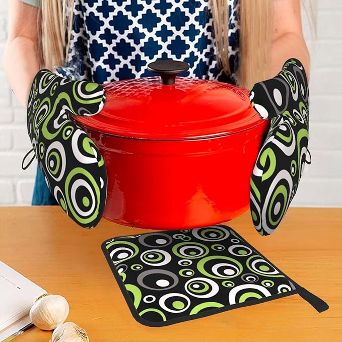 Black Green Retro - Geometric Oven Mitts and Pot Holders Set of 3, Non-Slip Heat Resistant Green and Black White Circle Pattern Kitchen Gloves for Cooking Baking Grilling, Gift for Women, Home Decor