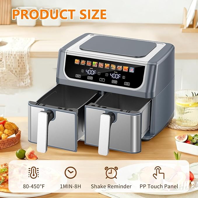 OLIXIS Dual Basket Air Fryer, 9.5 Quart Large Air Fryer with Double Basket, Independent TEMP Control, Sync Setting, Shake Reminder, 10 Presets for Bake, Broil, Defrost, Dehydrate, Grey