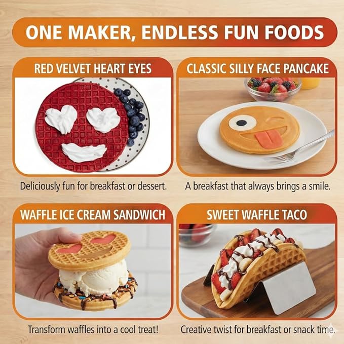 Emoji Smiley Face Waffle & Pancake Maker w 2 Removable Plate Sets- Fun Breakfast Maker for Kids & Families, Cute Nonstick Novelty Waffler for Easy Homemade Waffles- Gift for Birthday, Brunch, Everyday