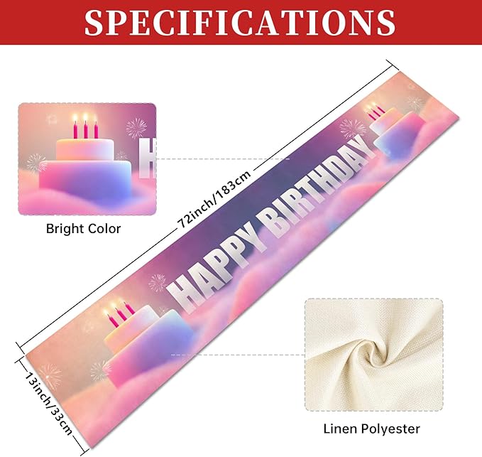 Happy Birthday Table Runner 13x72 Inch Birthday Cake Fireworks Clouds Farmhouse Polyester Linen Table Decoration for Kitchen Dinning, Indoor Outdoor Home Dinner Party (Pink)