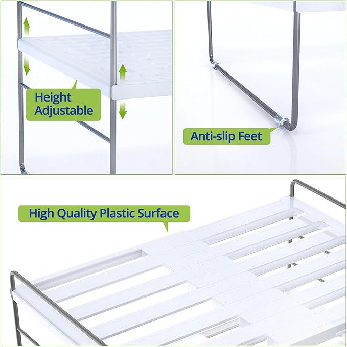 YAN & HIN 2 Pack Expandable Cabinet Organizer Shelf, 3-Tier Kitchen Cabinet Organizer for Tupperware & Food Container Storage, Adjustable Pantry Shelf Organizer for Bottles, Lids & Countertop