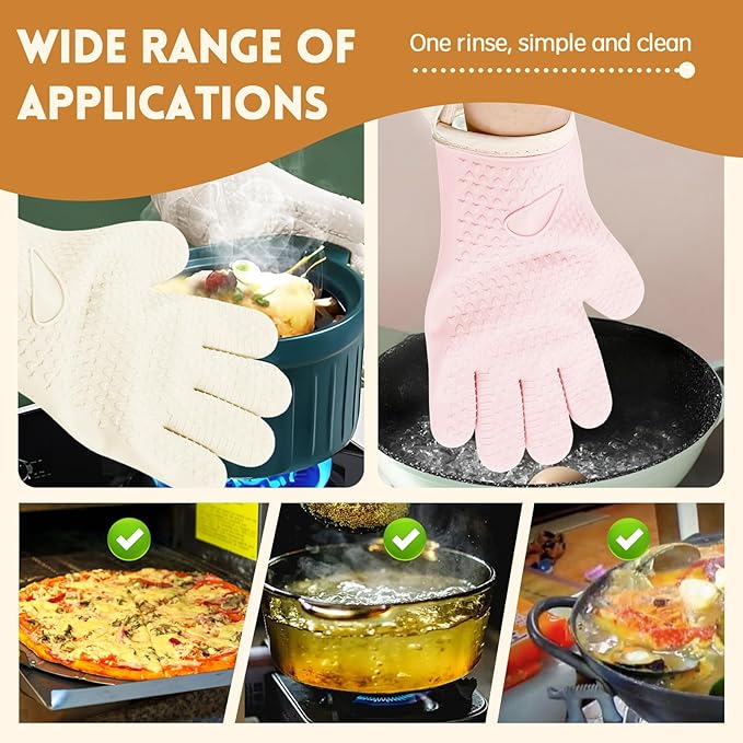 Kitchen Silicone Oven Gloves for Women 2 Pairs Oven Mitts with Fingers Heat Resistant Waterproof Handle Hot Food BBQ Grill Baking