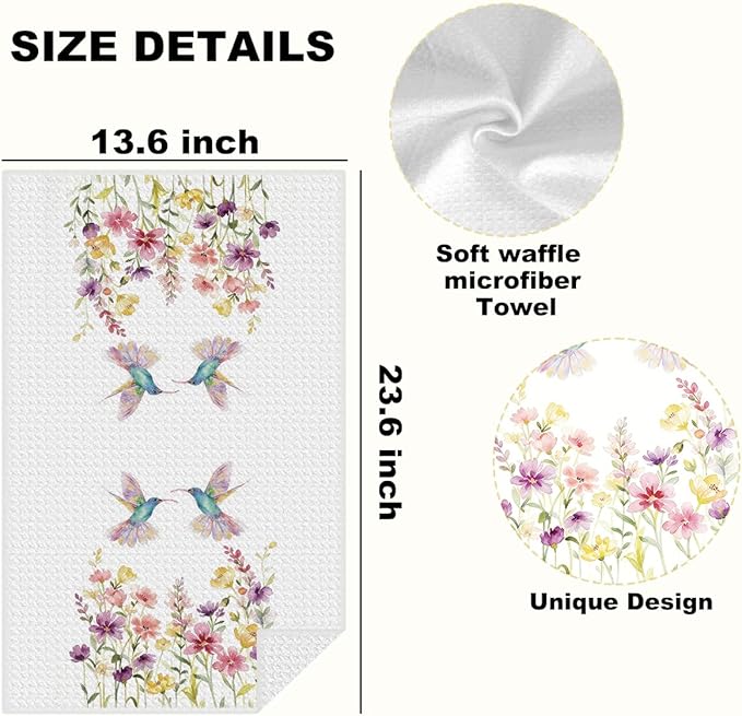 2 Pcs Hummingbird Floral Kitchen Towels Set, Absorbent Microfiber Waffle Weave Dish Cloths, Decorative Hand Towels for Bathroom Kitchen, Hummingbird Gifts for Women Housewarming Spring Holiday