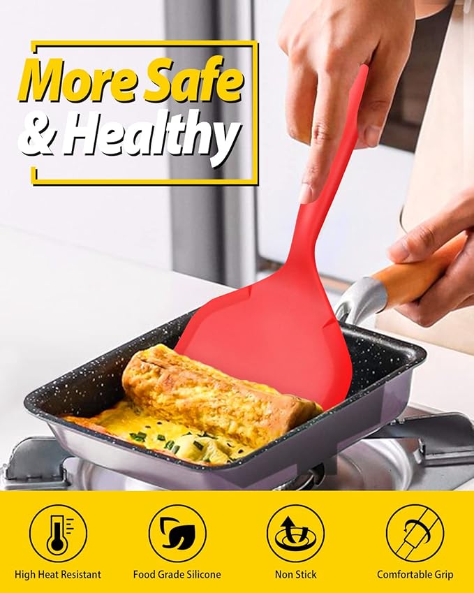 Pack of 2 Wide Silicone Spatula,Nonstick Pancake Shovel with Short Handle, Fried Flexible Turner, BPA Free Kitchen Cookwares for Egg, Cookie, Omelette, Fish, Burgers