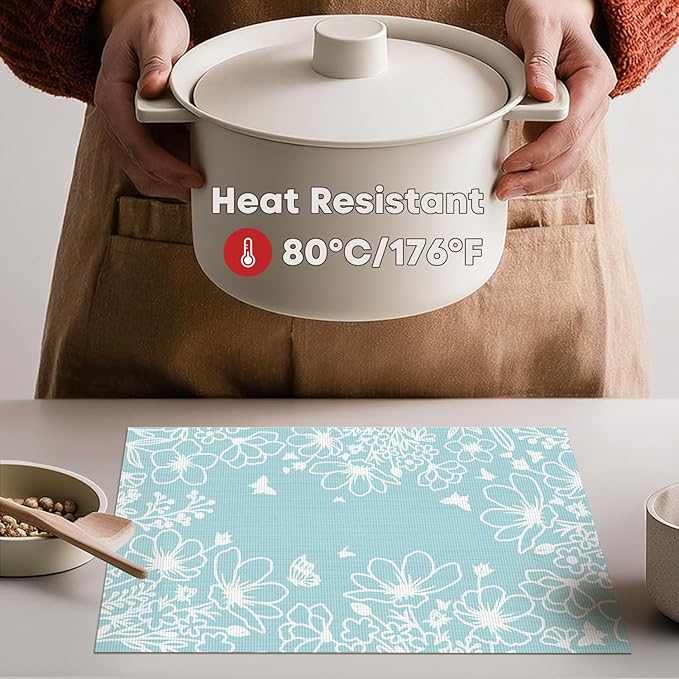 Artoid Mode Bule Weed Wild Flower Vinyl Plastic Placemats Set of 4, 12x18 Inch Woven Washable Non-Slip PVC Place Mats for Party Kitchen Dining Decor