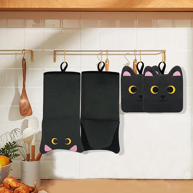 Oven Mitts, Cute Black Cat Silicone Oven Mitts and Pot Holders Sets, Funny Cooking Gloves with Potholders for Kitchen Heat Resistant, Soft Cotton Inner Lining Gloves for Baking,Microwave