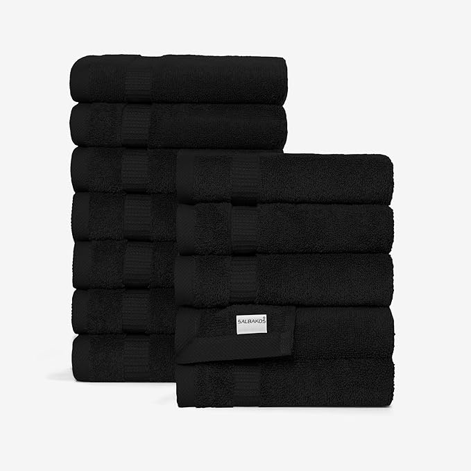SALBAKOS 100% Turkish Cotton Washcloth Set of 12, 13x13 inch | Premium Quality | Hotel & Spa Collection | Ultra Soft, Super Absorbent, Wash Cloth Towels | Made in Turkey (Black 12 Pcs Washcloth)