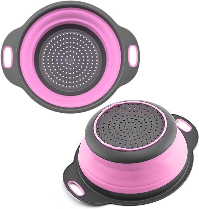 Pink Round Silicone Collapsible Colander – Small Silicone Round Kitchen Strainers with Plastic Handles Foldable Kitchen Strainer Perfect for Draining Pasta Vegetable and Fruit